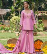 Pink hand embroidery tissue sharara set