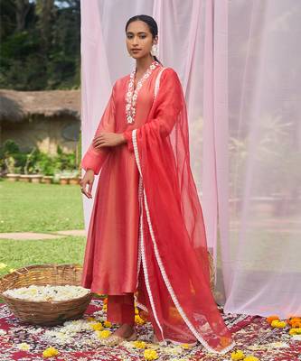 Red hand embroidery tissue  kurta set 1