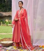 Red hand embroidery tissue  kurta set