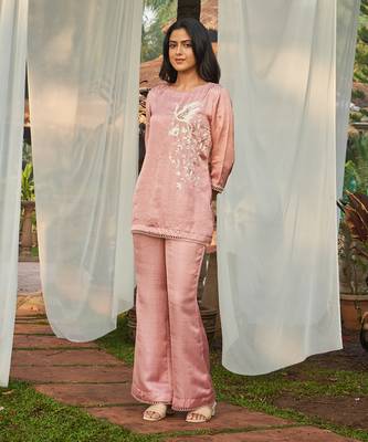 Pink hand embroidery satin dupion co-ord set 1