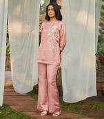 Pink hand embroidery satin dupion co-ord set