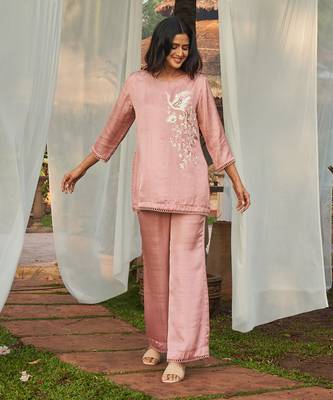 Pink hand embroidery satin dupion co-ord set 3