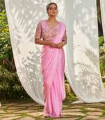 Pink  georgette  hand embroidery  saree set