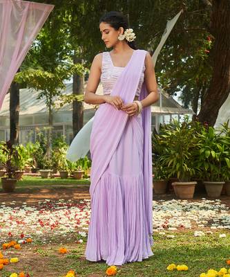 Purple georgette  hand embroidery saree set 1