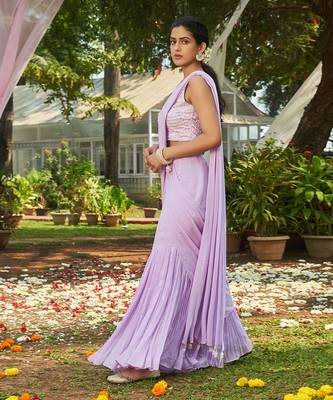 Purple georgette  hand embroidery saree set 2