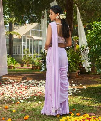 Purple georgette  hand embroidery saree set 3