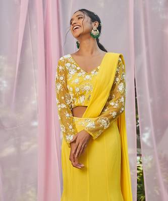 Yellow georgette  hand embroidery saree set 1