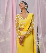 Yellow georgette  hand embroidery saree set