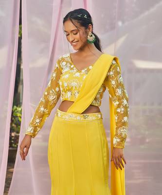 Yellow georgette  hand embroidery saree set 2