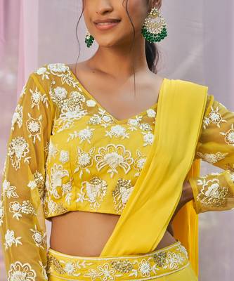Yellow georgette  hand embroidery saree set 3