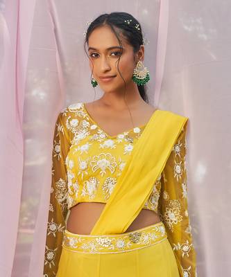 Yellow georgette  hand embroidery saree set 4
