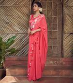 Red crepe  hand embroidery saree set