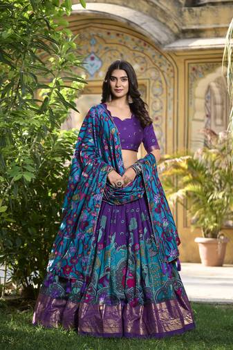 Purple Tussar Silk Madhubani Lehenga Choli