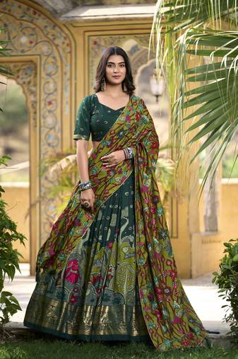 Yana Fab Green Tussar Silk Kalamkari Printed Lehenga Choli Set