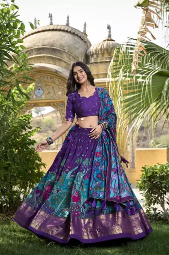 Purple Tussar Silk Madhubani Lehenga Choli