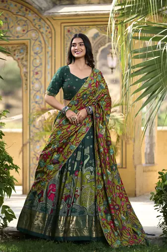 Yana Fab Green Tussar Silk Kalamkari Printed Lehenga Choli Set