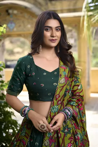 Yana Fab Green Tussar Silk Kalamkari Printed Lehenga Choli Set