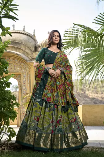 Yana Fab Green Tussar Silk Kalamkari Printed Lehenga Choli Set
