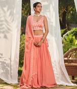 Peach Embroidery Crepe Lehenga Set