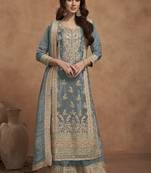 Slate grey embroidered shimmer silk mirror work readymade salwar kameez