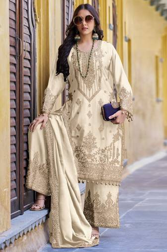 Bead chinon cream trendy pakistani salwar suit