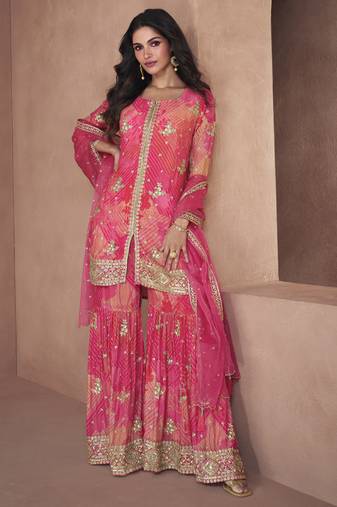 Pink printed and embroidered gharara suit