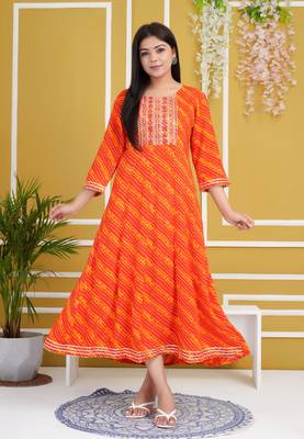 Red colour traditional lehenriya style printed long kurti with gota patti  1