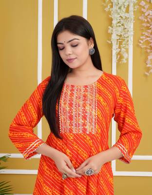 Red colour traditional lehenriya style printed long kurti with gota patti  3