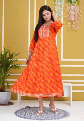 Red colour traditional lehenriya style printed long kurti with gota patti  4