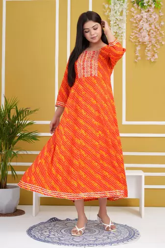 Red colour traditional lehenriya style printed long kurti with gota patti 
