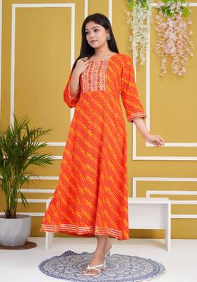 Red colour traditional lehenriya style printed long kurti with gota patti  5