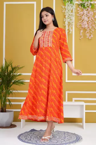 Red colour traditional lehenriya style printed long kurti with gota patti 
