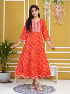 Pink colour traditional lehenriya style printed long kurti with gota patti  1