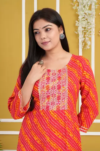 Pink colour traditional lehenriya style printed long kurti with gota patti 