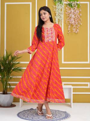 Pink colour traditional lehenriya style printed long kurti with gota patti  4
