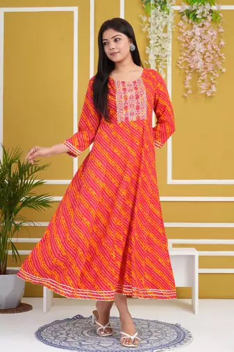 Pink colour traditional lehenriya style printed long kurti with gota patti 