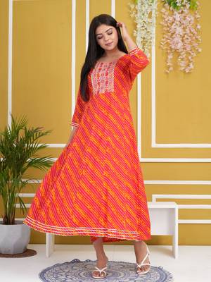 Pink colour traditional lehenriya style printed long kurti with gota patti  5