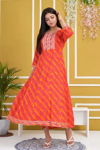 Pink colour traditional lehenriya style printed long kurti with gota patti 