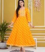 Yellow colour traditional lehenriya style printed long kurti with gota patti work