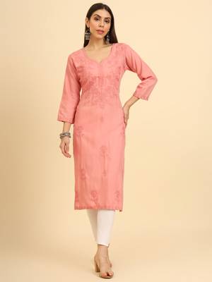 Peach chikankari embroidery work fancy formal party cotton kurti 1