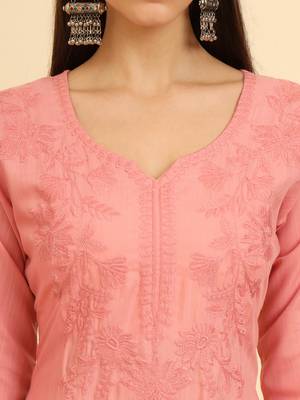 Peach chikankari embroidery work fancy formal party cotton kurti 3