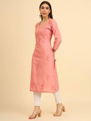Peach chikankari embroidery work fancy formal party cotton kurti 4