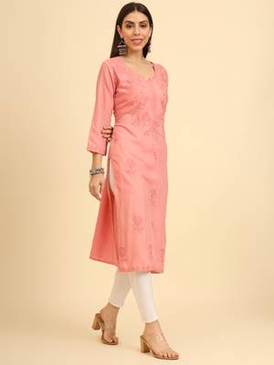 Peach chikankari embroidery work fancy formal party cotton kurti 5