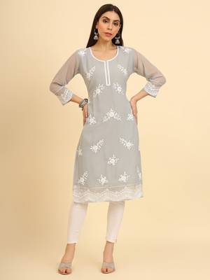 Grey colour georgette kurti with fancy ethnic resham embroidery work 1