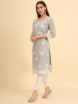 Grey colour georgette kurti with fancy ethnic resham embroidery work 4