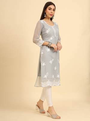 Grey colour georgette kurti with fancy ethnic resham embroidery work 5