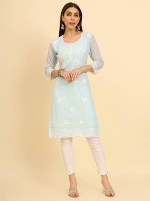 Sky blue colour georgette kurti with fancy ethnic resham embroidery work 1