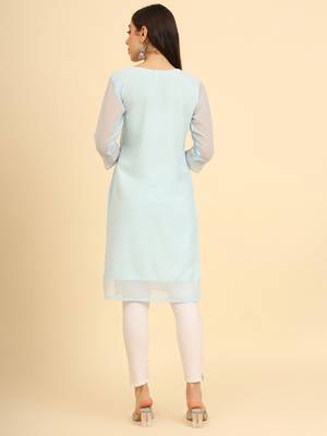 Sky blue colour georgette kurti with fancy ethnic resham embroidery work 2