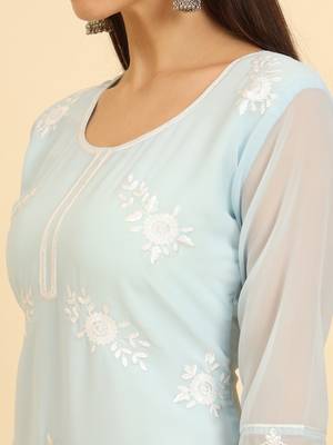 Sky blue colour georgette kurti with fancy ethnic resham embroidery work 3