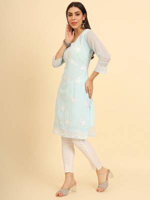Sky blue colour georgette kurti with fancy ethnic resham embroidery work 4